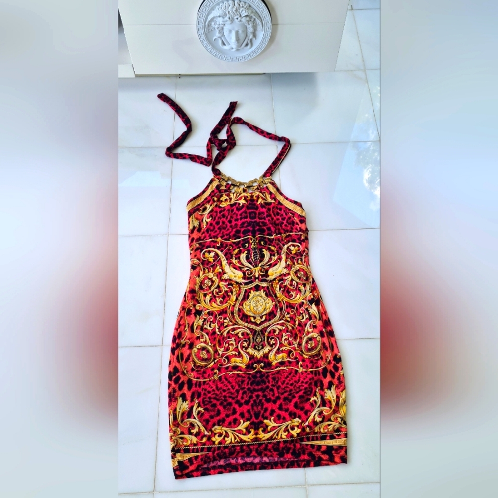 SOLD❣️VStyle Dress Elegant Red and Gold Barocco Animal Print Chain Halter Mini